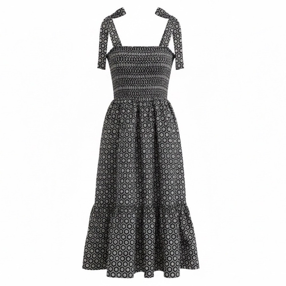 VICI Black White Geometric Floral Smocked Tiered Tie Strap Midi Dress Cottage L